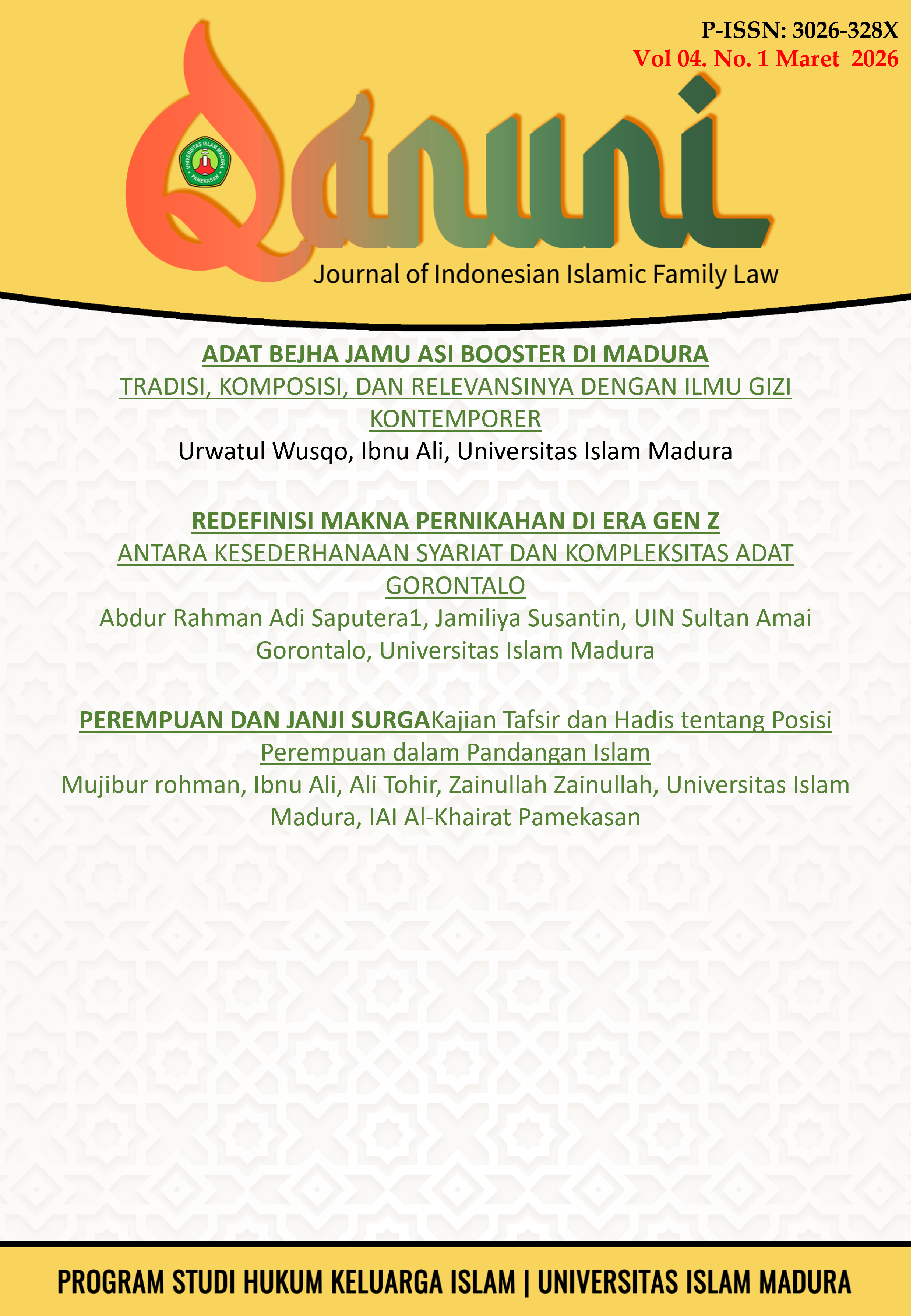 					View Vol. 4 No. 01 (2026): Qanuni: Journal Indonesian Of Islamic Family Law
				